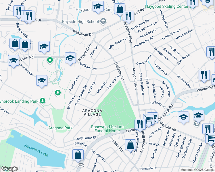 map of restaurants, bars, coffee shops, grocery stores, and more near 749 Olivieri Lane in Virginia Beach