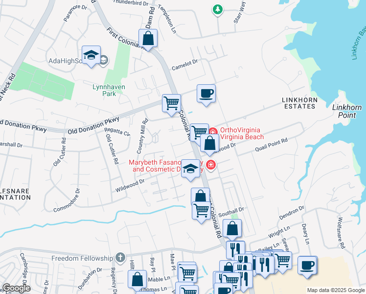 map of restaurants, bars, coffee shops, grocery stores, and more near 1809 Colonial Arms Circle in Virginia Beach
