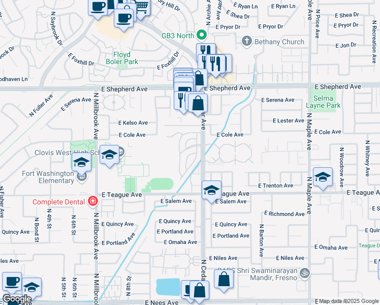 map of restaurants, bars, coffee shops, grocery stores, and more near 8665 North Cedar Avenue in Fresno