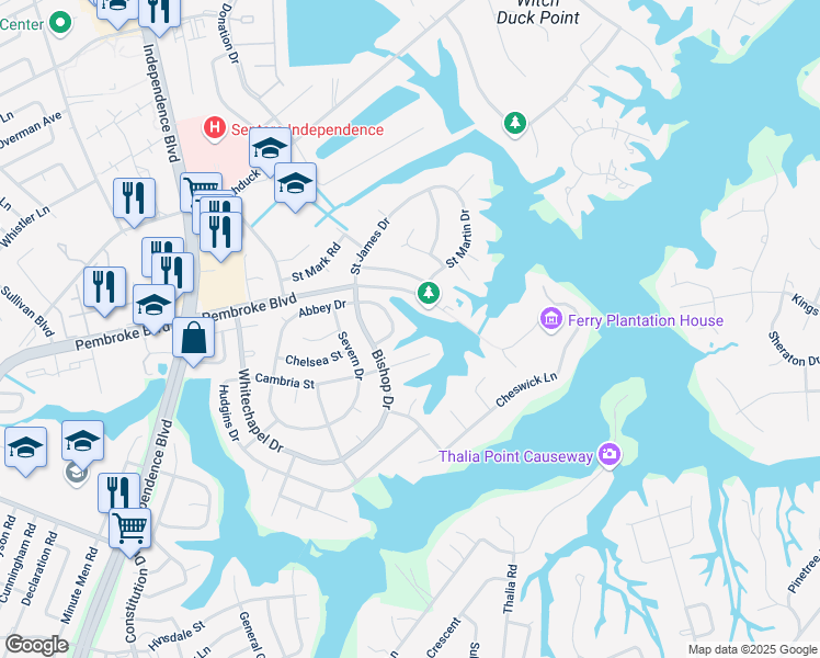 map of restaurants, bars, coffee shops, grocery stores, and more near 716 Abbey Arch in Virginia Beach