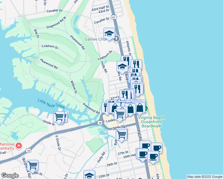 map of restaurants, bars, coffee shops, grocery stores, and more near 409 34th Half Street in Virginia Beach