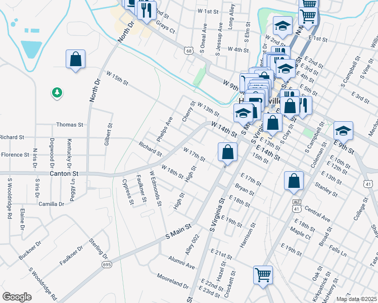 map of restaurants, bars, coffee shops, grocery stores, and more near 400 West 17th Street in Hopkinsville