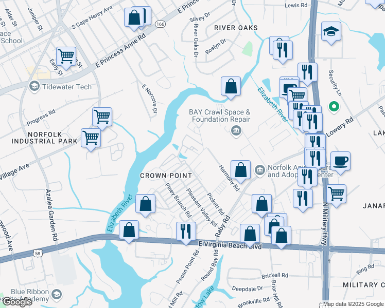 map of restaurants, bars, coffee shops, grocery stores, and more near 5544 Quill Road in Norfolk