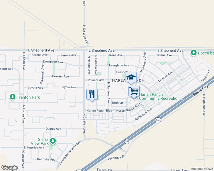 map of restaurants, bars, coffee shops, grocery stores, and more near 3591 Bloomfield Lane in Clovis