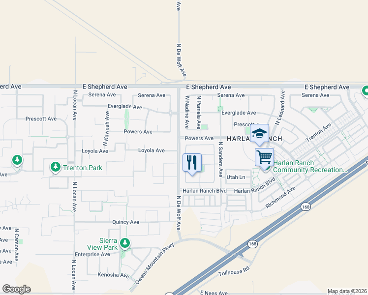 map of restaurants, bars, coffee shops, grocery stores, and more near 3401 Bloomfield Lane in Clovis
