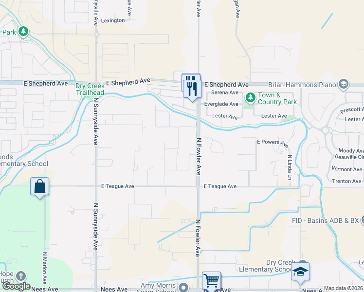 map of restaurants, bars, coffee shops, grocery stores, and more near 8733 North Fowler Avenue in Clovis