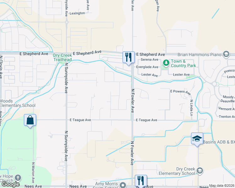 map of restaurants, bars, coffee shops, grocery stores, and more near 8733 North Fowler Avenue in Clovis