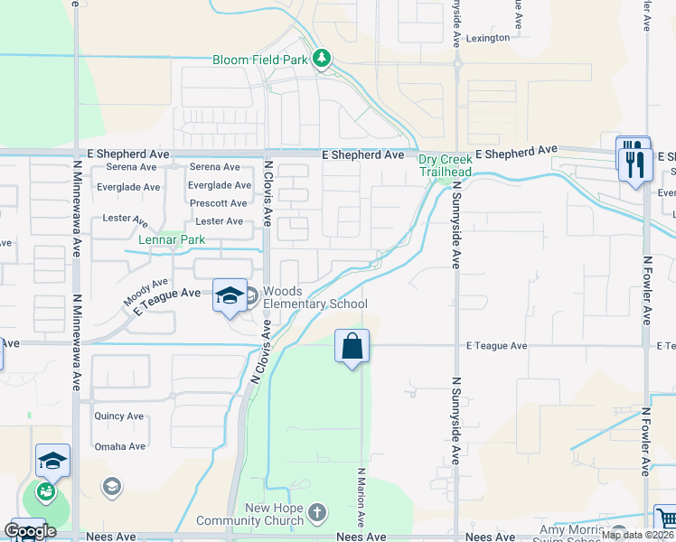 map of restaurants, bars, coffee shops, grocery stores, and more near 1036 Loyola Avenue in Clovis