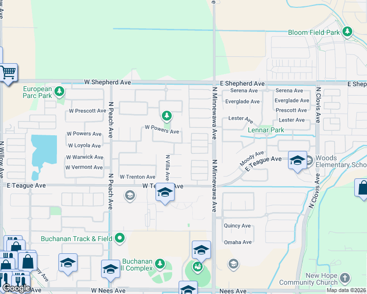 map of restaurants, bars, coffee shops, grocery stores, and more near 1731 North Orangewood Avenue in Clovis