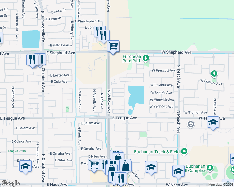 map of restaurants, bars, coffee shops, grocery stores, and more near 744 West Scandia Lane in Clovis