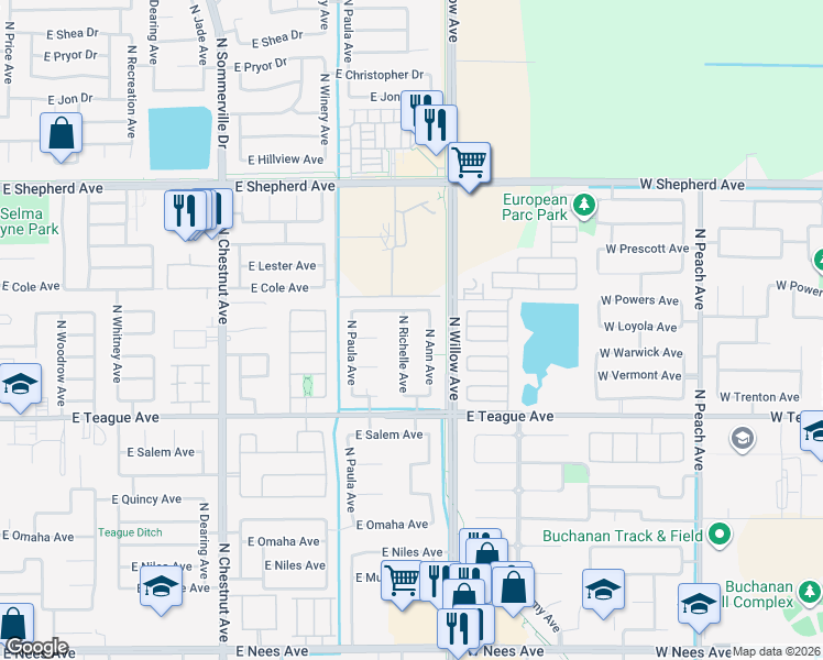 map of restaurants, bars, coffee shops, grocery stores, and more near 8706 North Richelle Avenue in Fresno