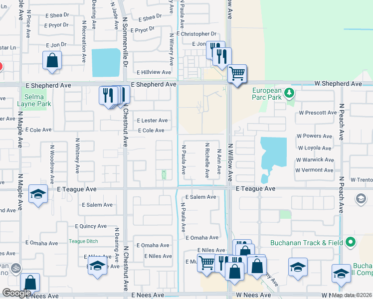 map of restaurants, bars, coffee shops, grocery stores, and more near 2819 East Powers Avenue in Fresno