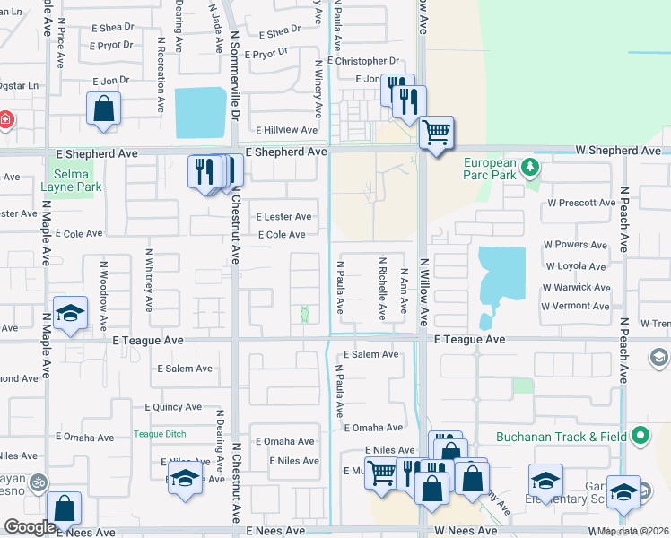 map of restaurants, bars, coffee shops, grocery stores, and more near 8694 North Heartland Way in Fresno