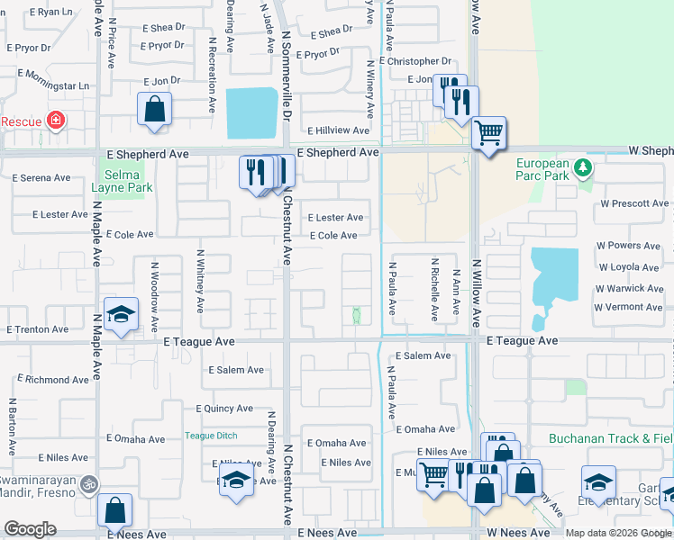map of restaurants, bars, coffee shops, grocery stores, and more near 2657 East Fontana Court in Fresno
