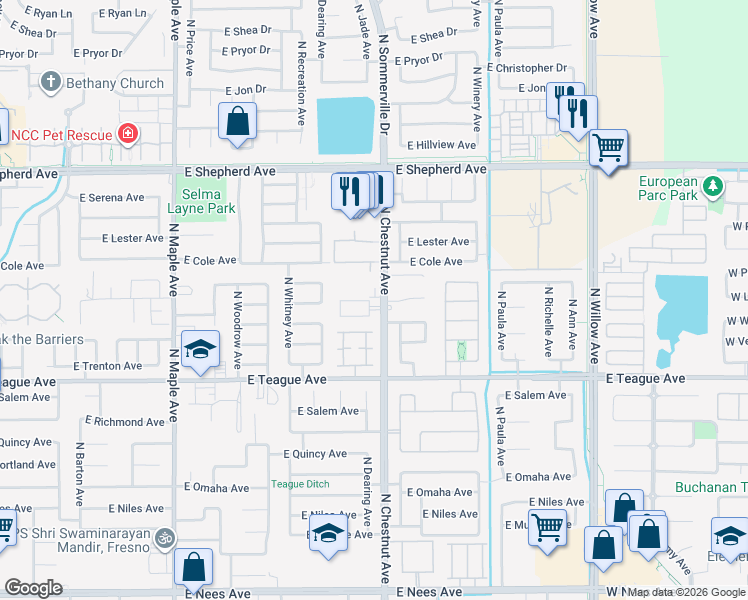 map of restaurants, bars, coffee shops, grocery stores, and more near 8681 North Chestnut Avenue in Clovis