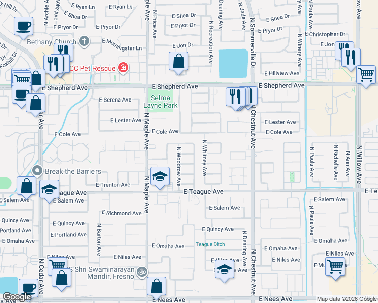 map of restaurants, bars, coffee shops, grocery stores, and more near 8682 North Sierra Vista Avenue in Fresno