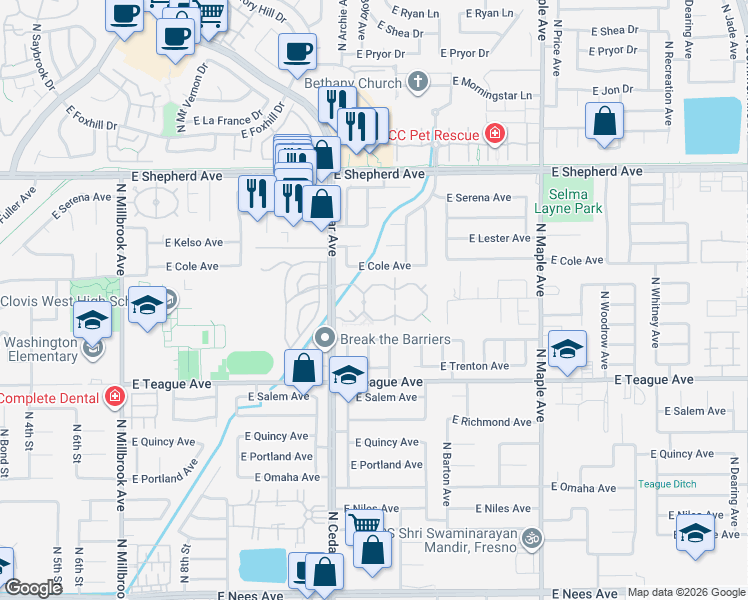 map of restaurants, bars, coffee shops, grocery stores, and more near 8676 North Cedar Avenue in Fresno