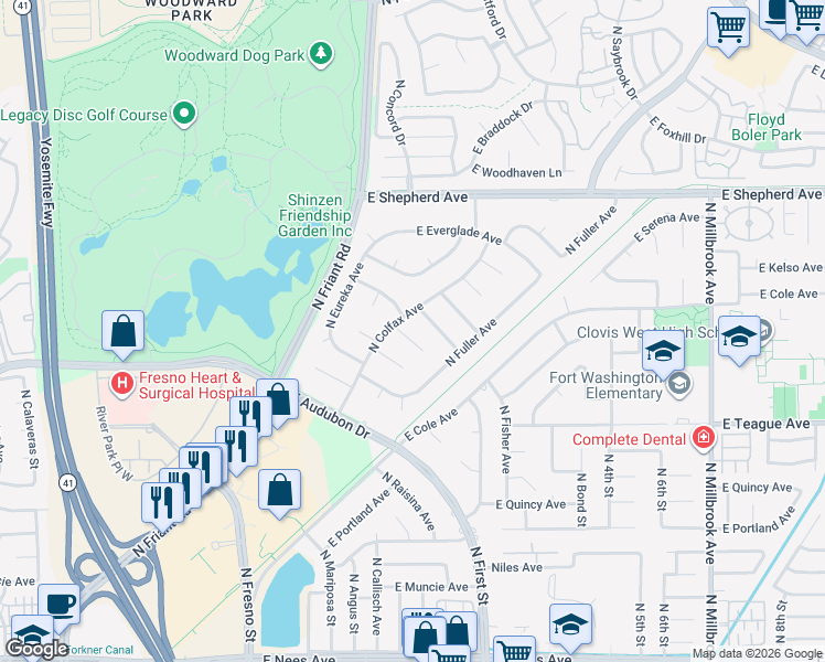 map of restaurants, bars, coffee shops, grocery stores, and more near 8695 North Colfax Avenue in Fresno