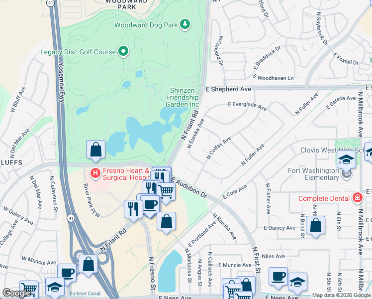 map of restaurants, bars, coffee shops, grocery stores, and more near 8687 North Eureka Avenue in Fresno