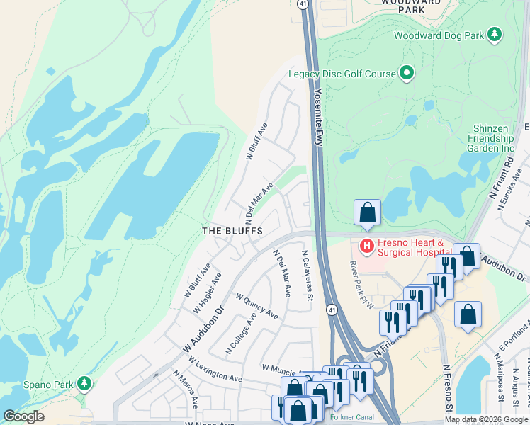map of restaurants, bars, coffee shops, grocery stores, and more near 219 West Brier Circle in Fresno
