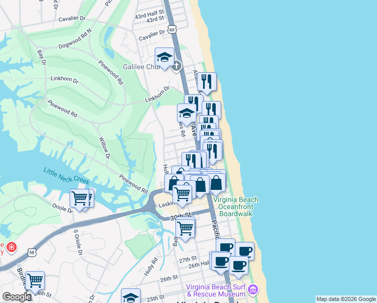 map of restaurants, bars, coffee shops, grocery stores, and more near 3330 Pacific Avenue in Virginia Beach