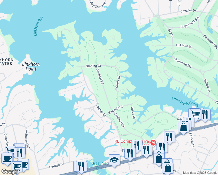 map of restaurants, bars, coffee shops, grocery stores, and more near 931 Oriole Drive in Virginia Beach