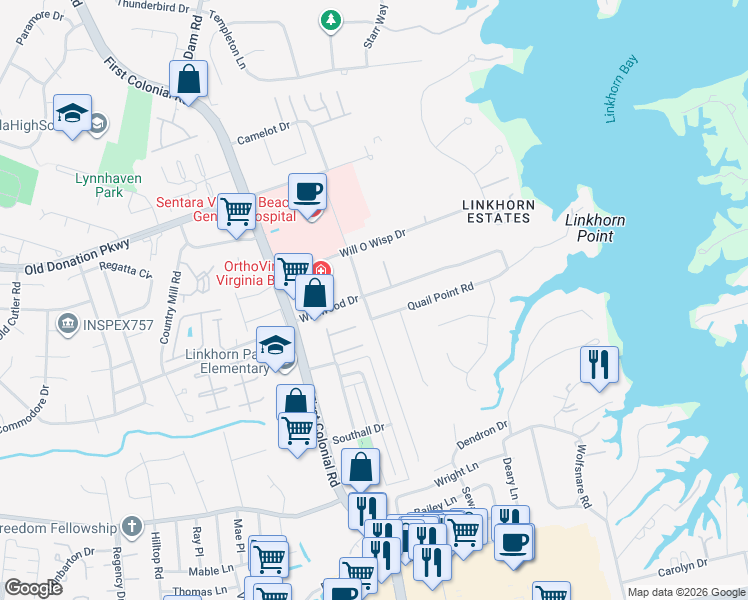 map of restaurants, bars, coffee shops, grocery stores, and more near 1637 Wildwood Drive in Virginia Beach