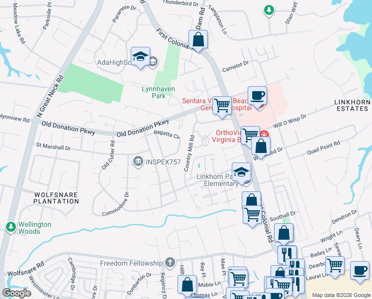 map of restaurants, bars, coffee shops, grocery stores, and more near 1069 Country Mill Road in Virginia Beach