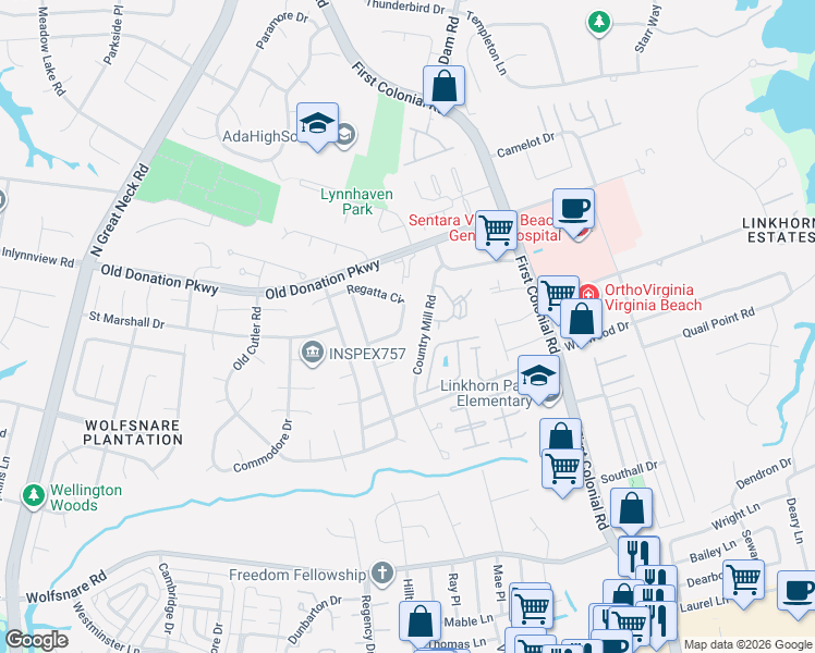 map of restaurants, bars, coffee shops, grocery stores, and more near 2033 Regatta Circle in Virginia Beach