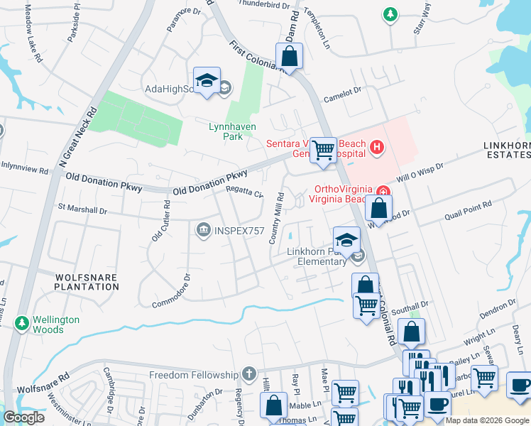 map of restaurants, bars, coffee shops, grocery stores, and more near 2033 Regatta Circle in Virginia Beach