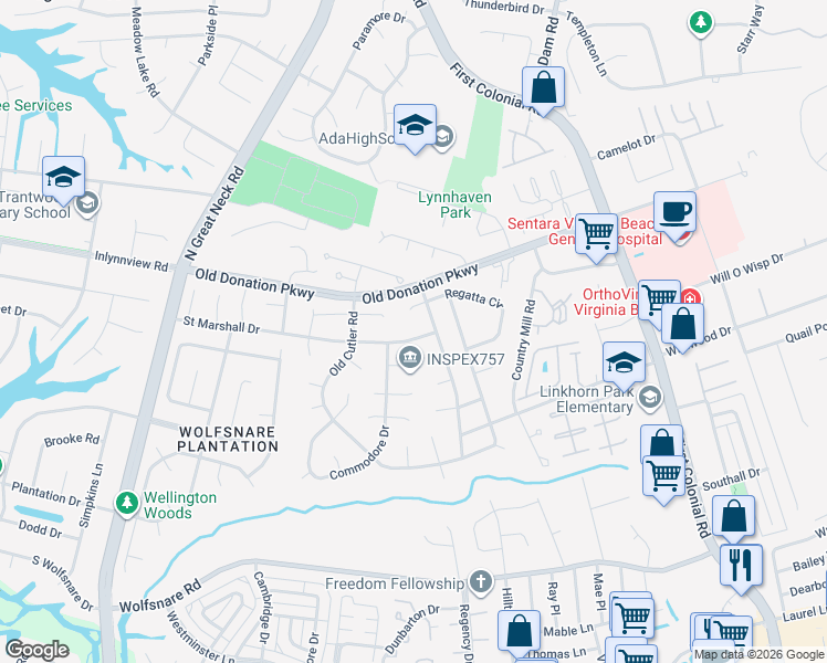map of restaurants, bars, coffee shops, grocery stores, and more near 2105 Mitchell Circle in Virginia Beach