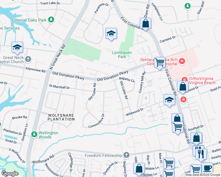 map of restaurants, bars, coffee shops, grocery stores, and more near 2105 Mitchell Circle in Virginia Beach