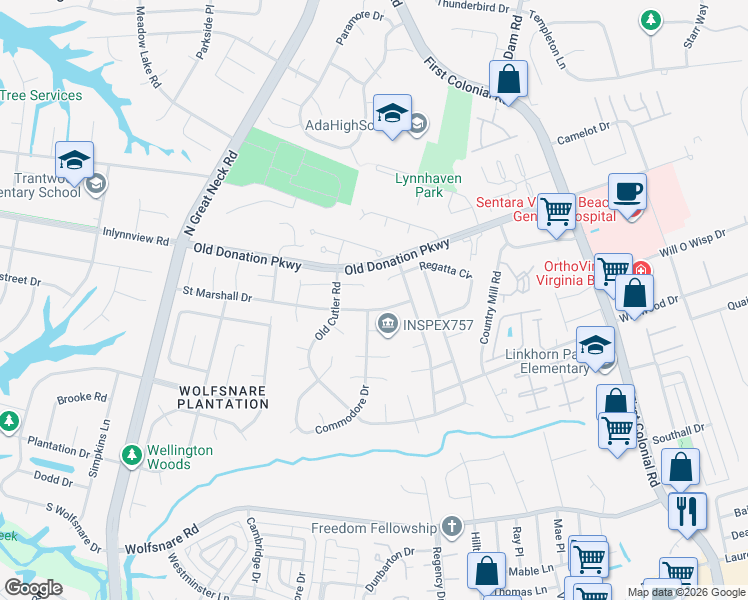 map of restaurants, bars, coffee shops, grocery stores, and more near 2109 Cutler Ridge in Virginia Beach