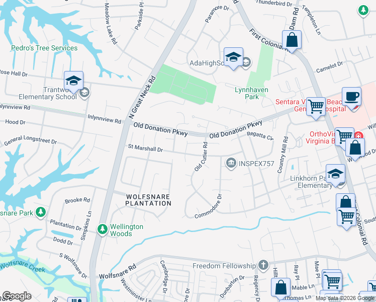 map of restaurants, bars, coffee shops, grocery stores, and more near 921 Tigertail Road in Virginia Beach