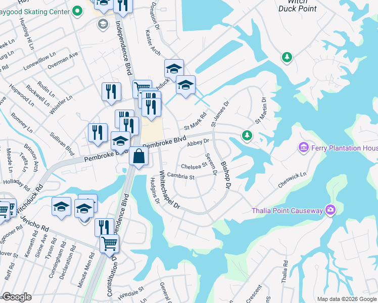 map of restaurants, bars, coffee shops, grocery stores, and more near 732 Abbey Drive in Virginia Beach