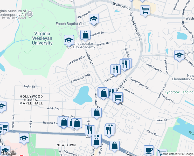 map of restaurants, bars, coffee shops, grocery stores, and more near in Virginia Beach