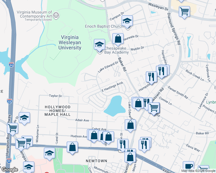 map of restaurants, bars, coffee shops, grocery stores, and more near 5814 East Hastings Arch in Virginia Beach