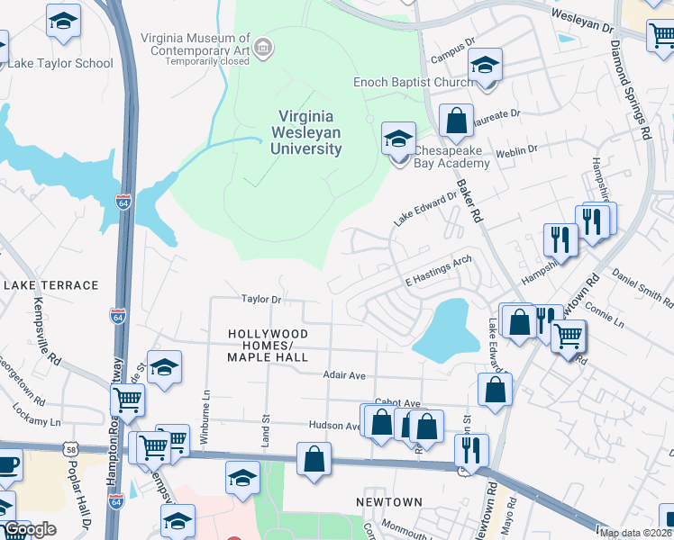 map of restaurants, bars, coffee shops, grocery stores, and more near 5969 Blackpoole Lane in Virginia Beach