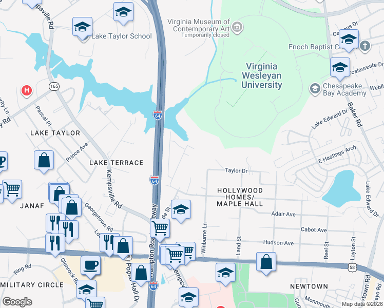 map of restaurants, bars, coffee shops, grocery stores, and more near 1264 Whaley Avenue in Norfolk