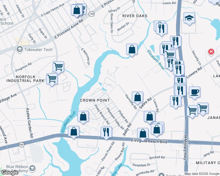 map of restaurants, bars, coffee shops, grocery stores, and more near 5544 Quill Road in Norfolk