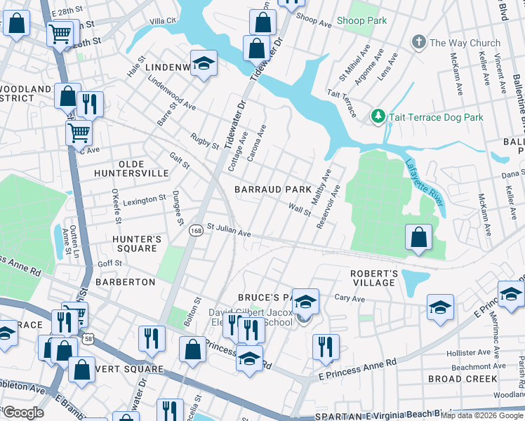 map of restaurants, bars, coffee shops, grocery stores, and more near 2240 Barraud Avenue in Norfolk