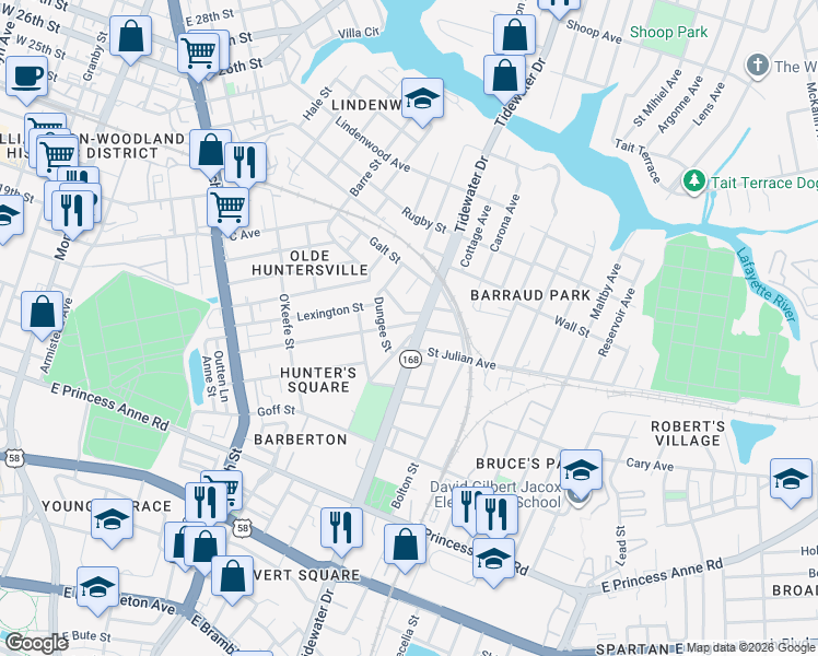 map of restaurants, bars, coffee shops, grocery stores, and more near 1029 Barney Street in Norfolk