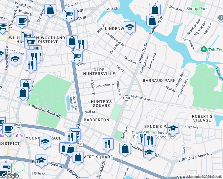map of restaurants, bars, coffee shops, grocery stores, and more near 1525 Proescher Street in Norfolk