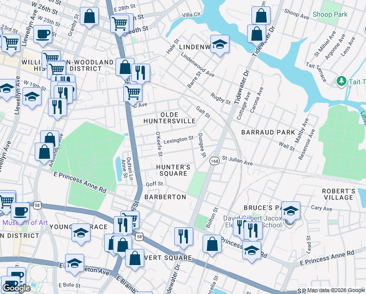 map of restaurants, bars, coffee shops, grocery stores, and more near 1525 Proescher Street in Norfolk