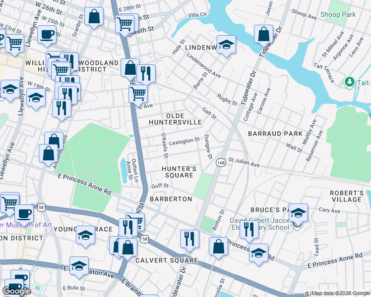 map of restaurants, bars, coffee shops, grocery stores, and more near 845 Lexington Street in Norfolk