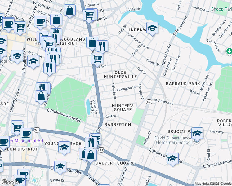 map of restaurants, bars, coffee shops, grocery stores, and more near 774 Lexington Street in Norfolk
