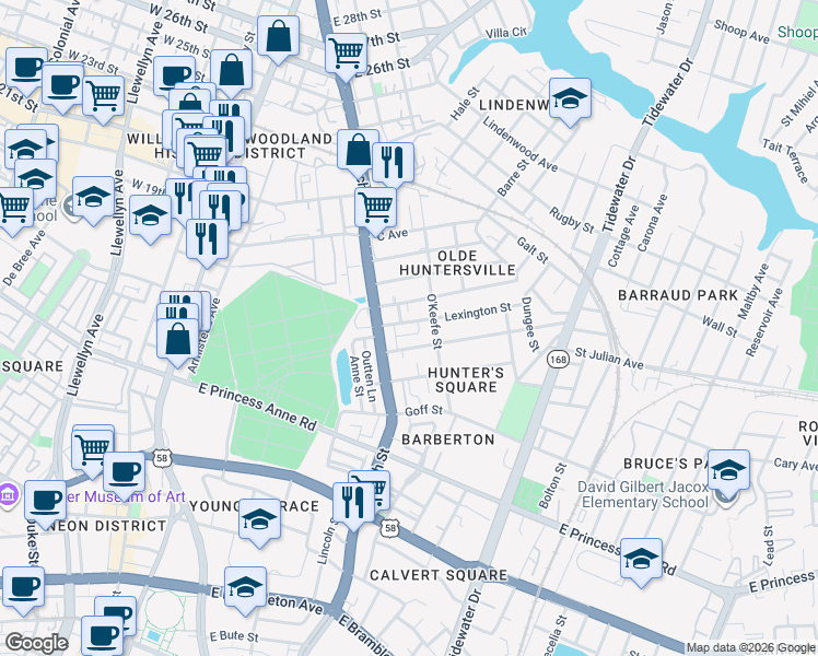 map of restaurants, bars, coffee shops, grocery stores, and more near 716 Lexington Street in Norfolk