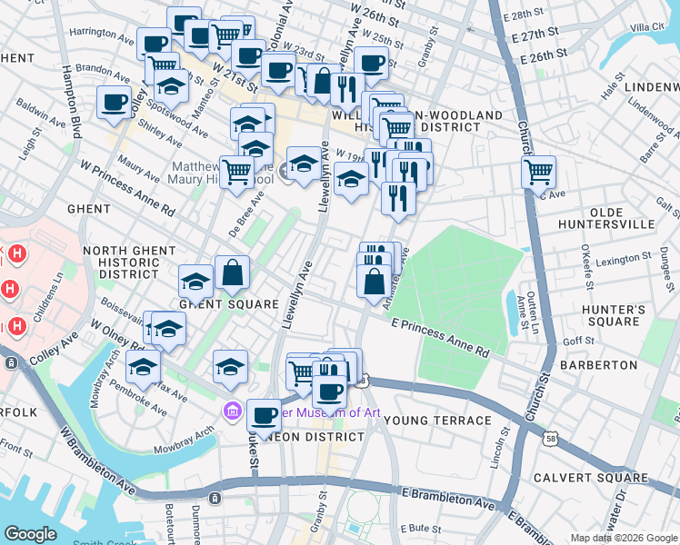 map of restaurants, bars, coffee shops, grocery stores, and more near 124-198 Ghent Commons Court in Norfolk