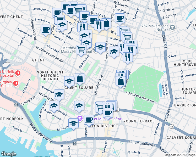 map of restaurants, bars, coffee shops, grocery stores, and more near 1305 Llewellyn Avenue in Norfolk