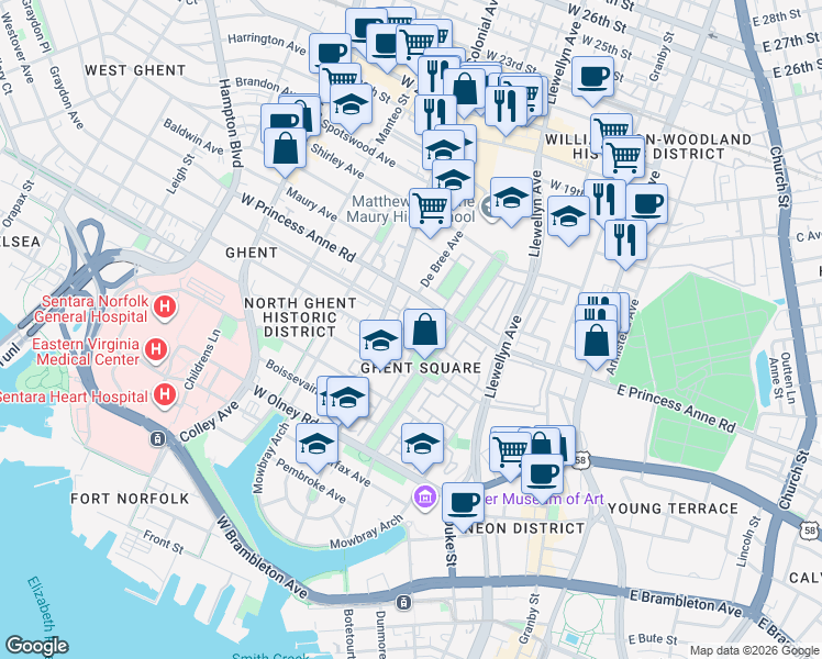 map of restaurants, bars, coffee shops, grocery stores, and more near 472 Westover Mews in Norfolk